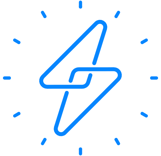 A blue lightning bolt icon with a modern, angular design is surrounded by small blue lines in a circular pattern, symbolizing the energy and power of EVs and Pluqs free loading stations.