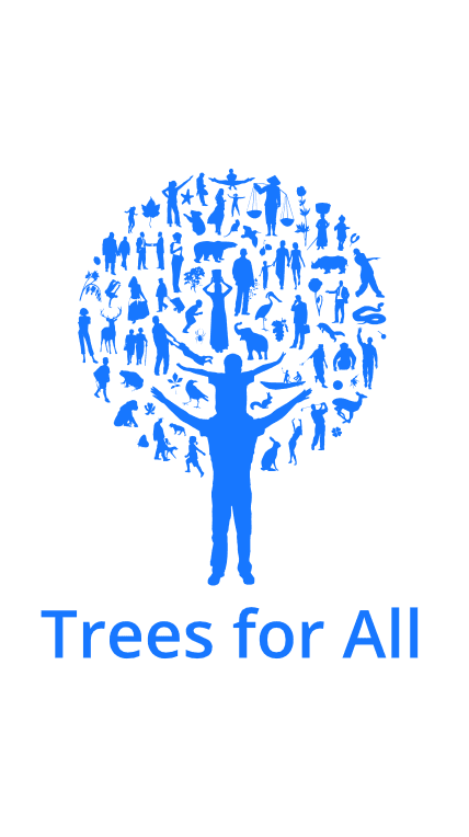 A blue tree graphic made of human silhouettes with text Trees for All on the left, and a black circular badge with DIE 101 BESTEN 2025 PARTNER and three stars on the right—perfect for EV charging or free loading stations.