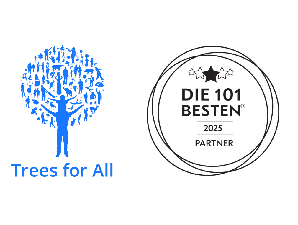 A blue tree graphic made of human silhouettes with text Trees for All on the left, and a black circular badge with DIE 101 BESTEN 2025 PARTNER and three stars on the right—perfect for EV charging or free loading stations.