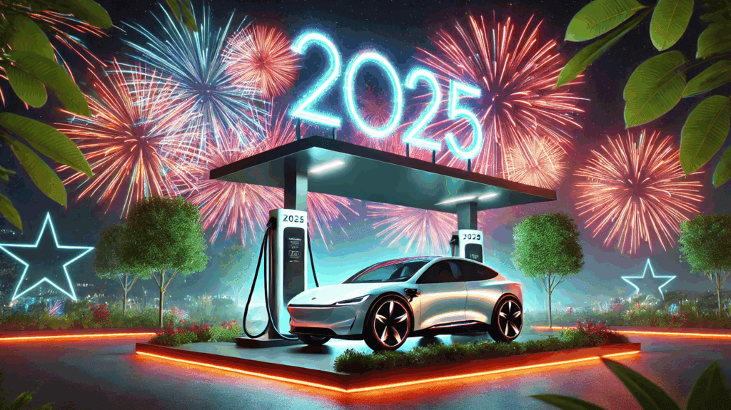 A sleek electric car charges at a futuristic station under a glowing 2025 sign, surrounded by trees, neon lights, and colorful fireworks celebrating in the night sky.