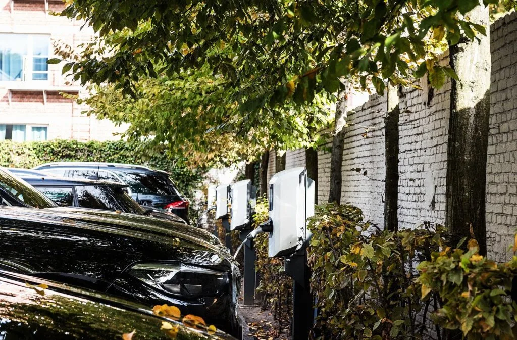 Elektroautos sind neben einer weißen Backsteinmauer unter belaubten Bäumen geparkt und mit weißen Ladestationen für Elektrofahrzeuge verbunden. Einige Herbstblätter sind auf den Autos verstreut und Büsche säumen den Ladebereich.