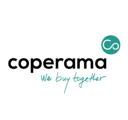 Coperama logo with a green circle containing a white infinity symbol and the tagline “We buy together” written in teal handwriting below the company name, highlighting support for electric cars and free loading stations.