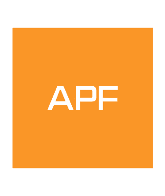 Orange square with the white letters APF centered in the middle, representing EV support and free loading stations for your charge needs.