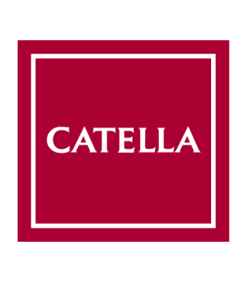 The image shows a red square logo with a white border and the word CATELLA in bold white capital letters centered inside, representing their commitment to ev solutions and free loading stations.