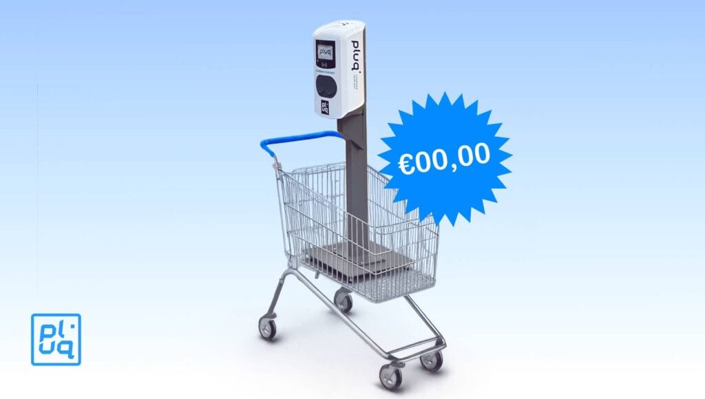 A shopping cart with a tall, modern electronic device inside. A blue burst shape displays “€00,00.” The background is light blue, and there is a blue pluq logo in the lower left corner.