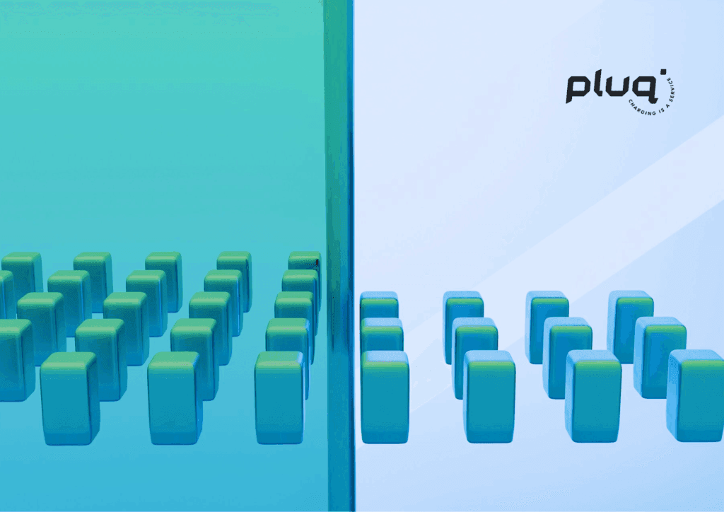 3D rectangular blocks arranged in rows are separated by a glass-like divider, with blue-green lighting on the left and light blue on the right. pluq logo appears in the top right corner.