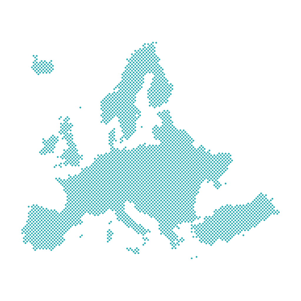 A dotted blue outline map of Europe displayed on a white background, showing the continent’s borders and major landmasses without any country labels or additional details.