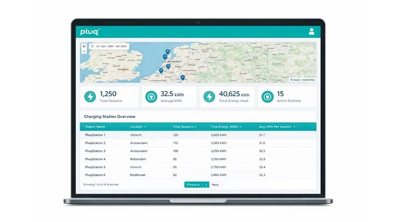 Auf dem Bildschirm eines Laptops ist ein Dashboard mit einer Karte der Niederlande, Ladedaten für Elektrofahrzeuge und Statistiken zu den Ladestationen zu sehen, darunter die Gesamtzahl der Ladevorgänge, der durchschnittliche Stromverbrauch in kWh, der Gesamtenergieverbrauch und die Anzahl der aktiven Ladestationen.