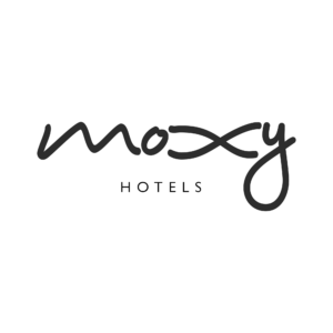 The image features the Moxy Hotels logo. Moxy is written in a casual, handwritten-style script, while HOTELS appears below in uppercase, simple sans-serif letters on a white background.