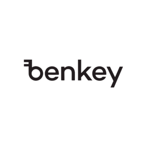 The image shows the word benkey in bold, black lowercase letters on a white background. The top left of the letter b features an abstract design resembling a key.