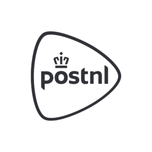 Black and white logo of PostNL, featuring the word postnl in lowercase, with a crown above the o and enclosed in a rounded triangular border.