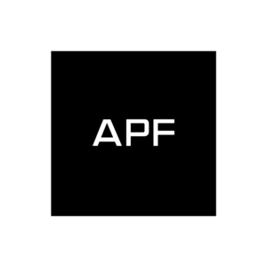 A black square with the white capital letters APF centered in the middle against a light gray background.