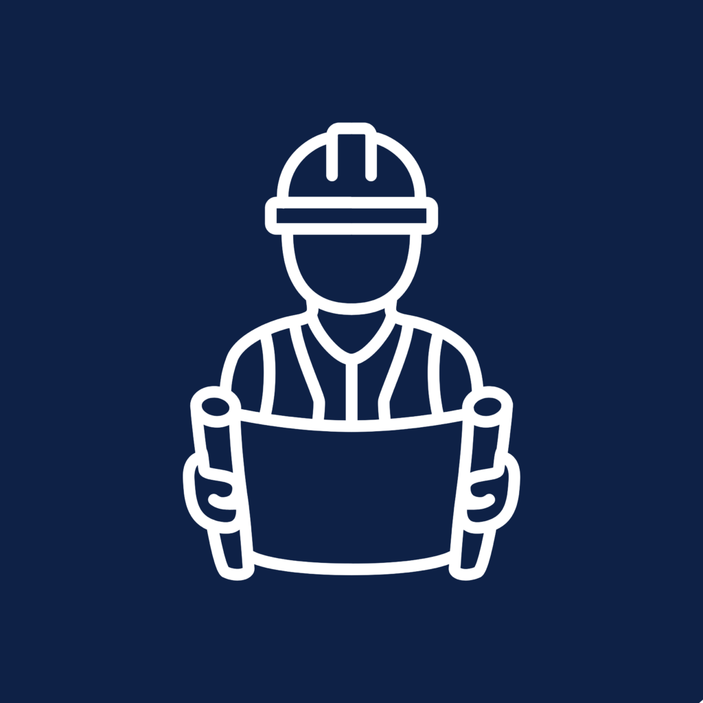White line drawing of a construction worker wearing a hard hat and safety vest, holding and looking at a large blueprint or plan, on a dark blue background.