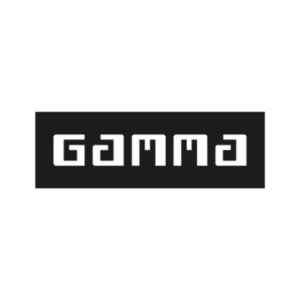 The word GAMMA is displayed in bold, white, geometric block letters inside a solid black rectangle on a plain light gray background.