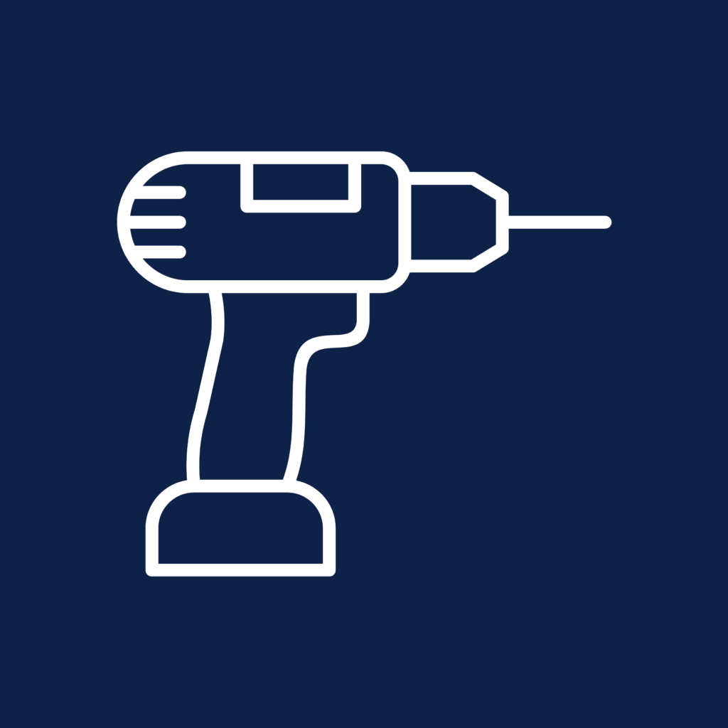 White line drawing of a cordless power drill on a dark blue background, shown in a side view with the drill bit pointing to the right.