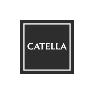 A black square logo with a white inner border contains the word CATELLA in bold, white, uppercase letters centered on a light gray background.