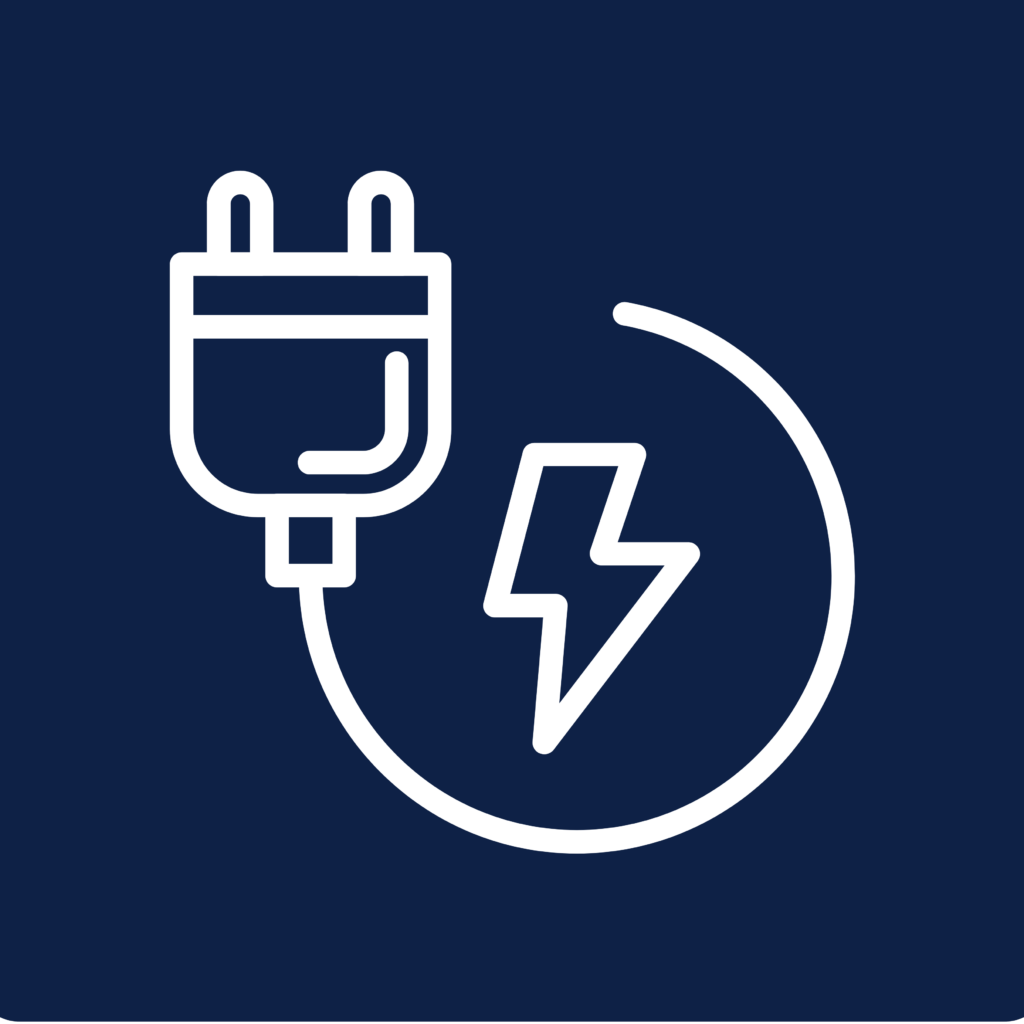 White electric plug and cord forming a circle with a lightning bolt inside, symbolizing electricity or power, on a dark blue background.