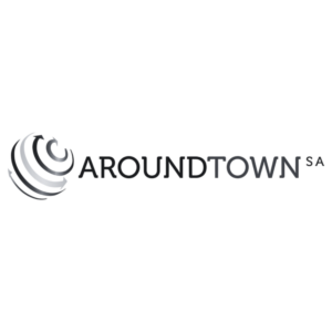 Aroundtown SA logo featuring a stylized globe icon composed of layered curved lines in silver and dark grey tones, placed to the left of the wordmark "AROUNDTOWN" in uppercase letters with "SA" in smaller text, all on a black background.