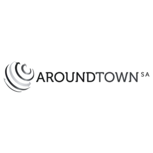 Aroundtown SA logo featuring a stylized globe icon composed of layered curved lines in silver and dark grey tones, placed to the left of the wordmark "AROUNDTOWN" in uppercase letters with "SA" in smaller text, all on a black background.