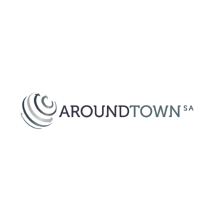 Aroundtown SA logo featuring a stylized globe icon composed of layered curved lines in silver and dark grey tones, placed to the left of the wordmark "AROUNDTOWN" in uppercase letters with "SA" in smaller text, all on a black background.