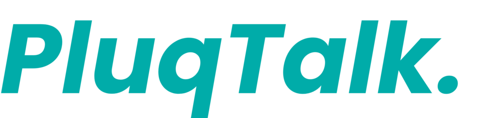 The image displays the word PlugTalk. in bold, teal-colored italic font on a white background.